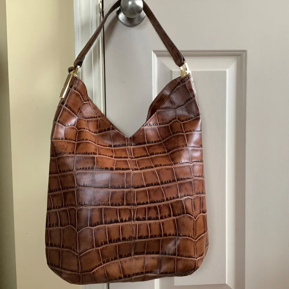 G.I.L.I. Leather North/South Hobo Bag Tote Brown Croc SZ Large